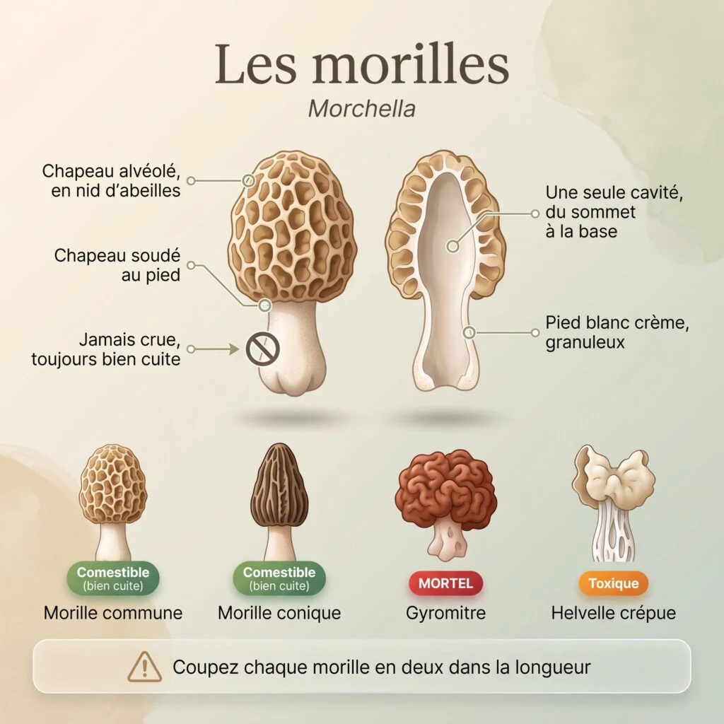 Planche illustrée des morilles : chapeau alvéolé et coupe à une seule cavité, avec la morille commune, la morille conique, la gyromitre mortelle et l'helvelle crépue toxique