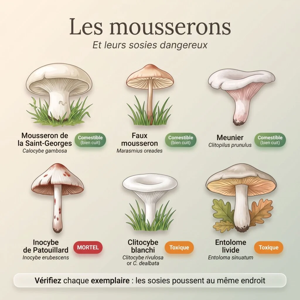 Les mousserons et leurs sosies : mousseron de la Saint-Georges, faux mousseron et meunier comestibles ; inocybe de Patouillard mortel, clitocybe blanchi et entolome livide toxiques