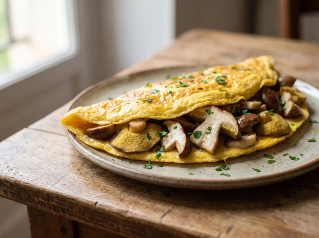 Omelette aux cèpes pliée sur une assiette, garnie de lamelles de cèpes à chapeau brun et pores jaunâtres, parsemée de persil