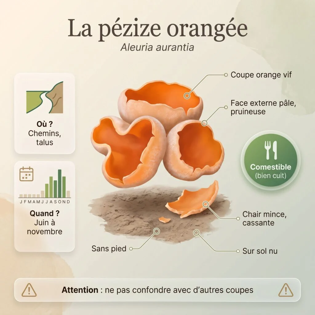 Infographie pézize orangée (Aleuria aurantia) : coupe orange vif sans pied, face externe pâle et pruineuse, chair mince et cassante, sur sol nu, de juin à novembre