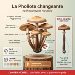 Pholiote changeante (souchette) (Kuehneromyces mutabilis) : infographie d'identification