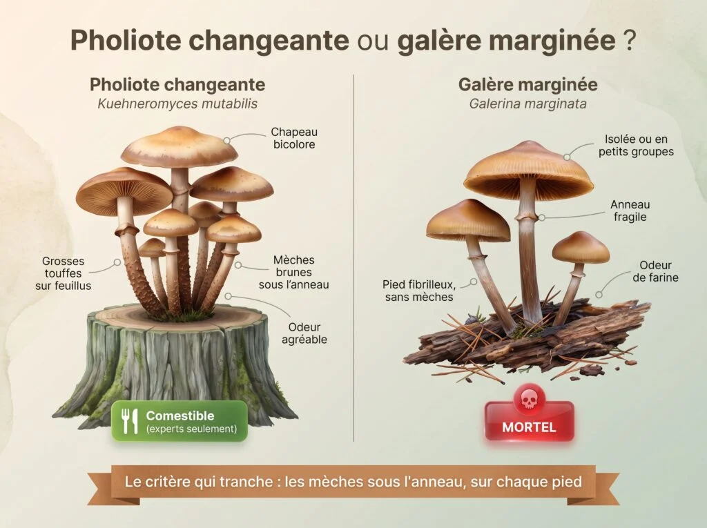 Pholiote changeante ou galère marginée : comparaison — grosse touffe sur feuillu et mèches brunes sous l'anneau d'un côté ; petits exemplaires sur bois de conifère, pied fibrilleux sans mèches, odeur de farine de l'autre