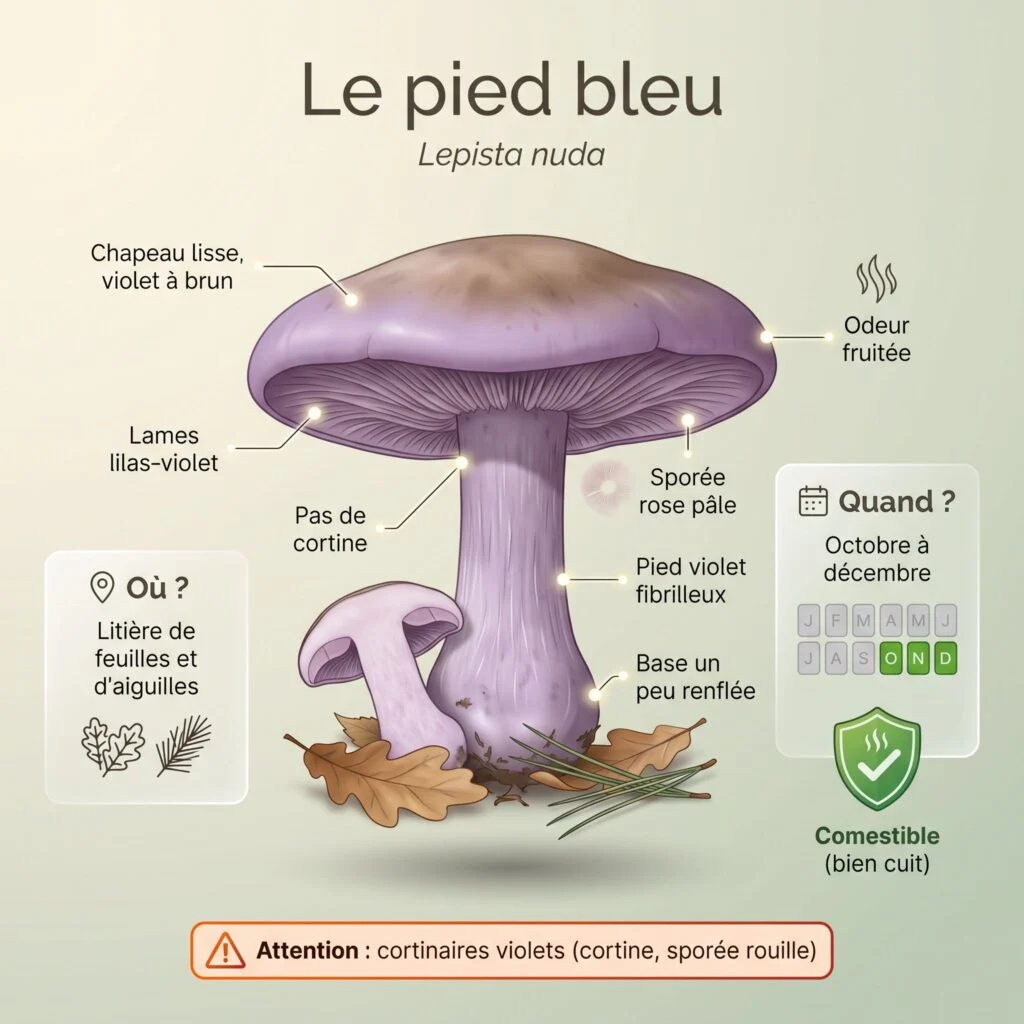 Pied bleu comestible (Lepista nuda) : chapeau lisse violet, lames lilas, pas de cortine, pied violet fibrilleux, sporée rose pâle