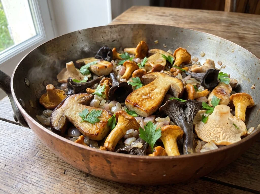 Poêlée forestière de cèpes en tranches, girolles dorées et trompettes-de-la-mort noires, à l'échalote et au persil, dans une poêle en cuivre