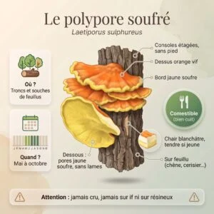 Polypore soufré (Laetiporus sulphureus) : consoles orange et jaune soufre