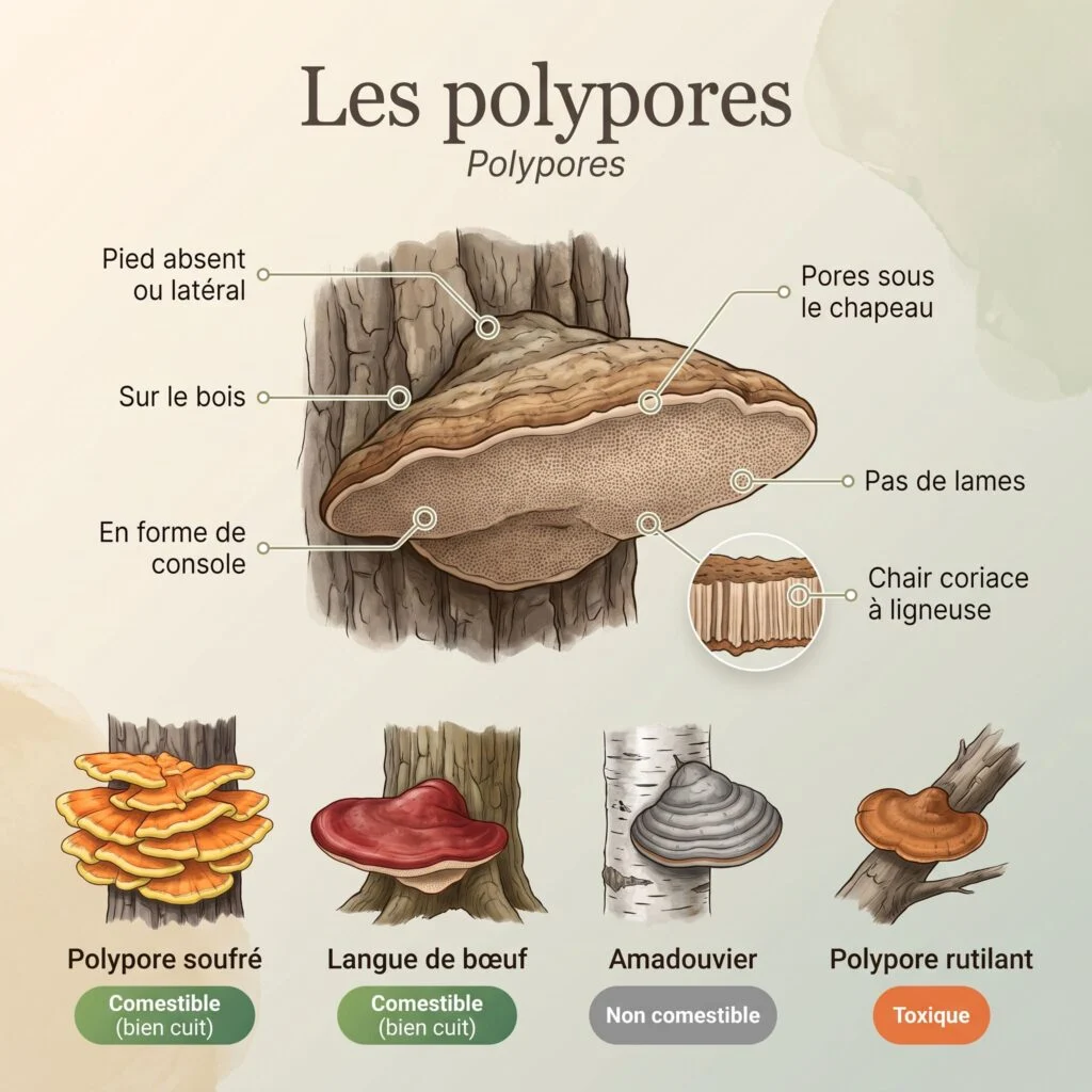 Planche des polypores : console sur tronc avec pores sous le chapeau, sans lames ni pied, chair coriace ; polypore soufré, langue de bœuf, amadouvier et polypore rutilant