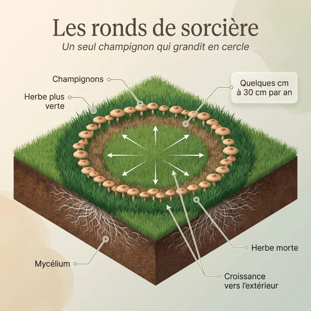 Schéma d'un rond de sorcière : cercle de champignons, mycélium qui s'étend sous le gazon, anneau d'herbe morte et d'herbe plus verte