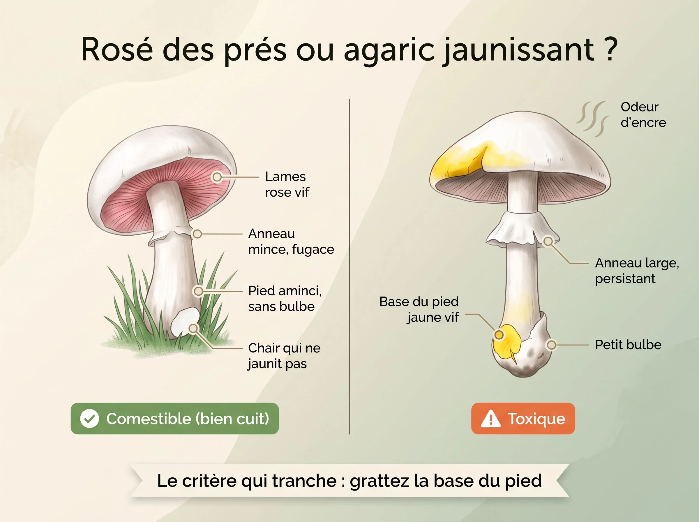 Rosé des prés ou agaric jaunissant : comparaison