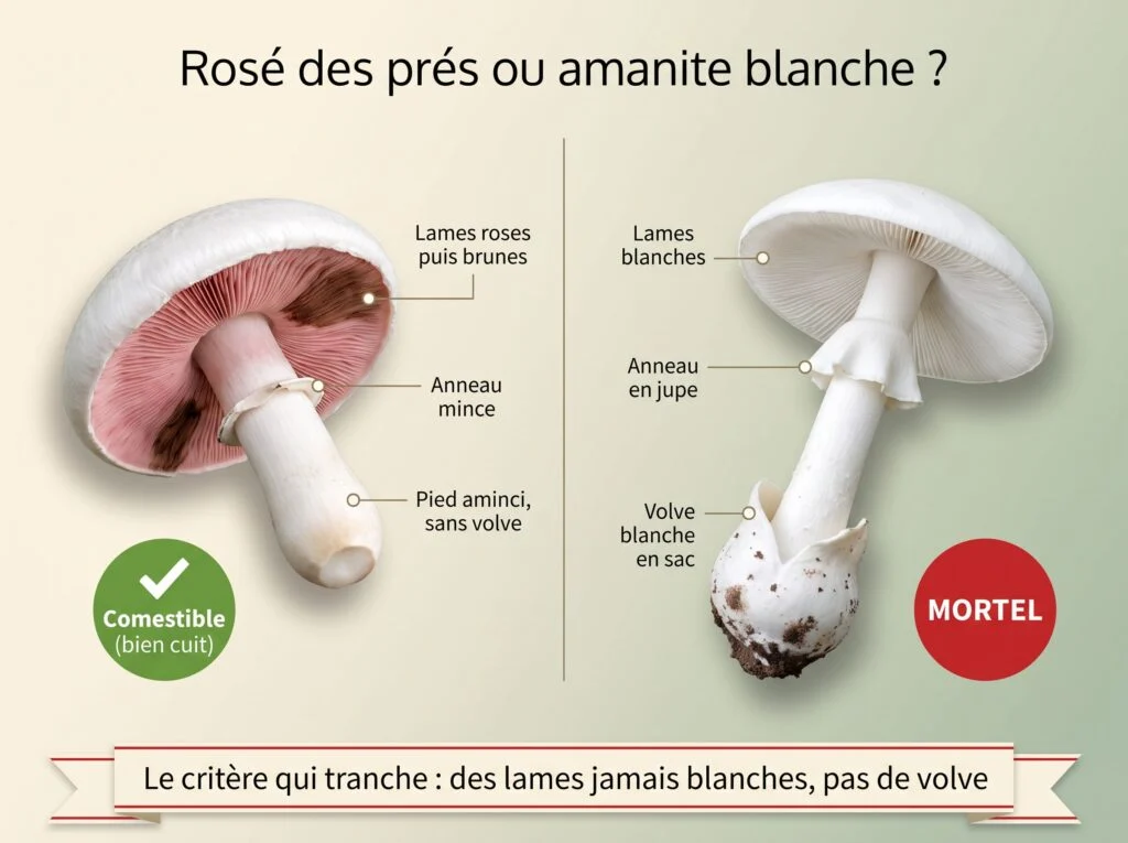 Rosé des prés ou amanite blanche : comparaison — le rosé comestible a des lames roses puis brunes, un anneau mince et un pied sans volve ; l'amanite mortelle a des lames blanches, un anneau en jupe et une volve blanche en sac