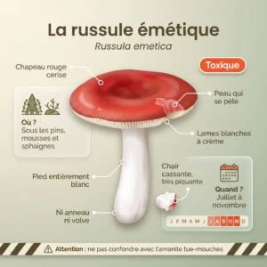 Russule émétique (Russula emetica) : infographie d'identification