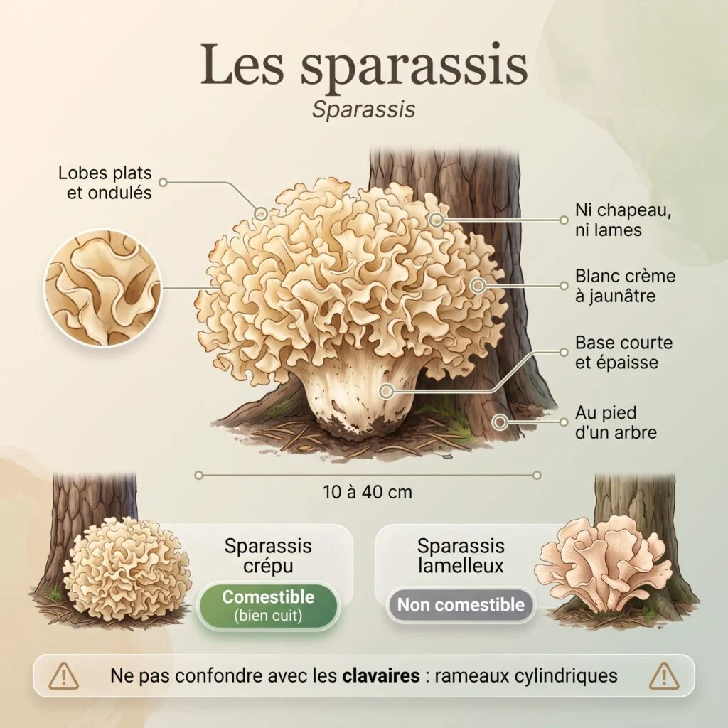 Planche des sparassis : grosse boule de lobes plats et ondulés blanc crème au pied d'un arbre, sans chapeau ni lames ; sparassis crépu (comestible) et sparassis lamelleux