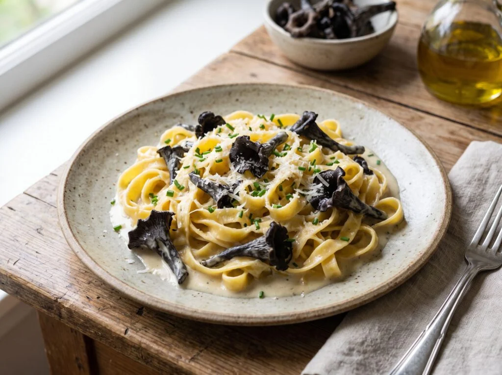 Assiette de tagliatelles à la crème avec des trompettes de la mort noires, parmesan et ciboulette