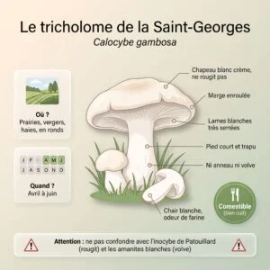 Mousseron de printemps, tricholome de la Saint-Georges (Calocybe gambosa) : champignon trapu blanc crème, lames blanches serrées