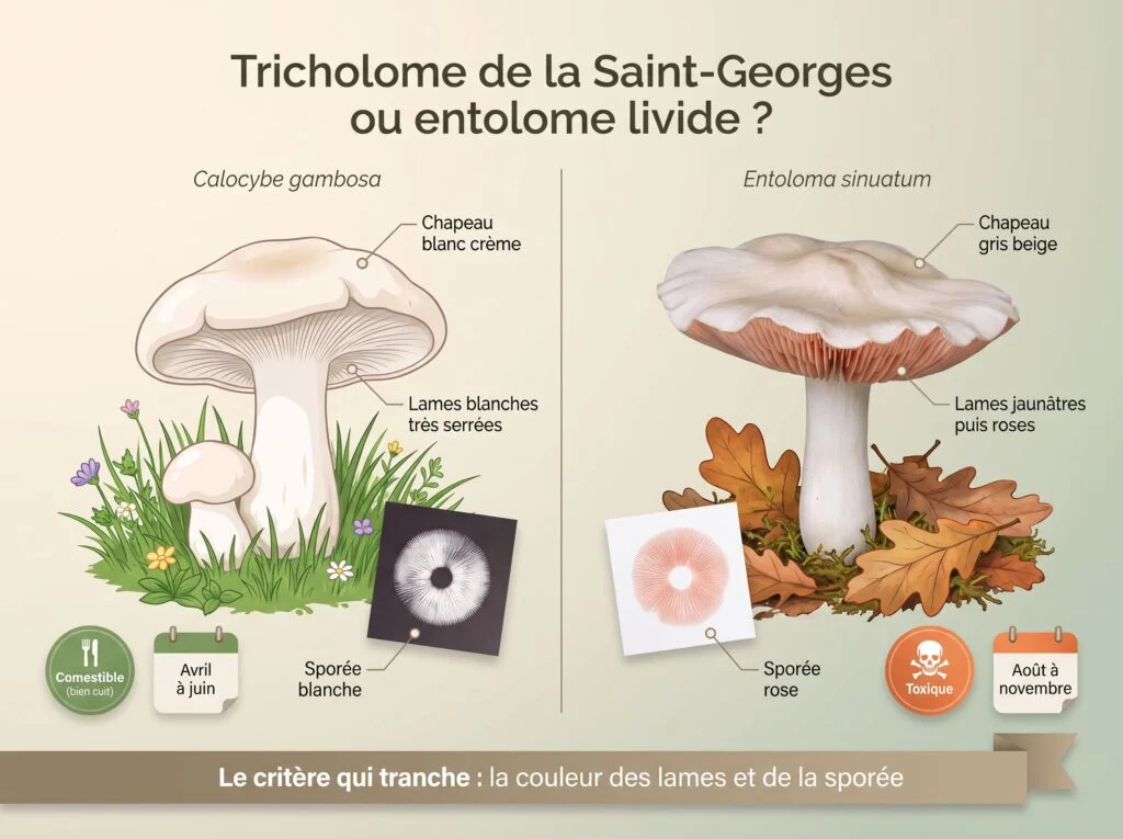 Tricholome de la Saint-Georges ou entolome livide : comparaison — lames blanches très serrées et sporée blanche au printemps ; lames jaunâtres puis roses et sporée rose en automne