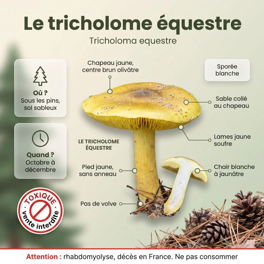 Infographie tricholome équestre : chapeau jaune à centre brun olivâtre avec sable collé, lames jaune soufre, pied jaune sans anneau ni volve, pinèdes sableuses, toxique et vente interdite