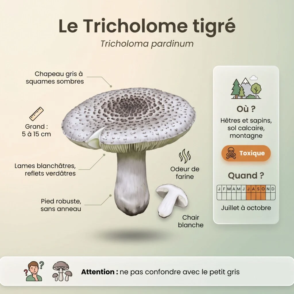 Infographie d'identification du tricholome tigré : chapeau gris pâle couvert de squames sombres, lames blanchâtres à reflets verdâtres, pied robuste sans anneau, odeur de farine, badge toxique