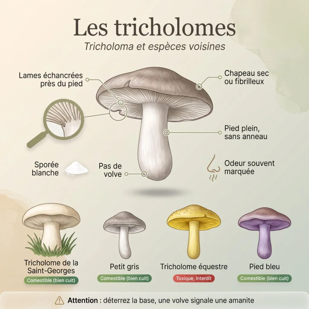 Planche illustrée des tricholomes : lames échancrées, pied sans anneau ni volve, avec le tricholome de la Saint-Georges, le petit gris, le tricholome équestre toxique et le pied bleu