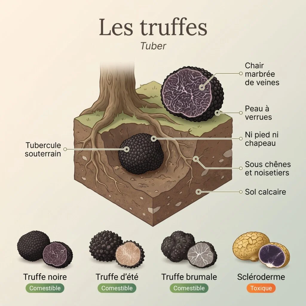 Planche des truffes : truffe souterraine à peau noire verruqueuse et coupe à chair marbrée de veines, sous chênes en sol calcaire ; truffe noire, truffe d'été, truffe brumale et scléroderme toxique