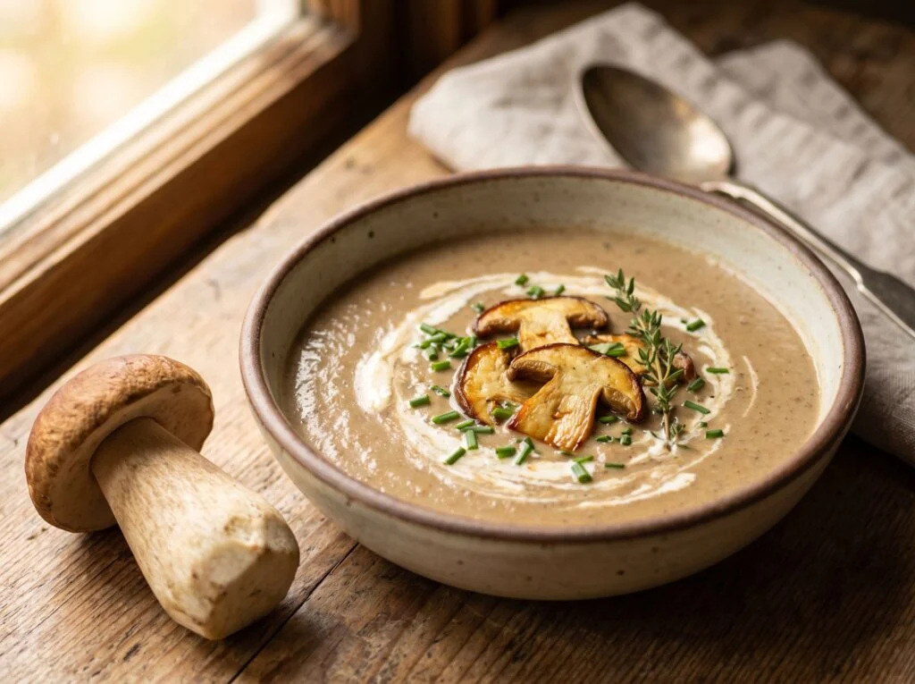Bol de velouté de cèpes garni de crème, de lamelles de cèpes dorées et de ciboulette, un cèpe entier à côté