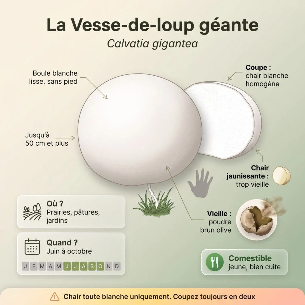 Infographie vesse-de-loup géante : grosse boule blanche lisse sans pied, coupe à chair blanche homogène, chair jaunissante trop vieille, vieil exemplaire à poudre brun olive