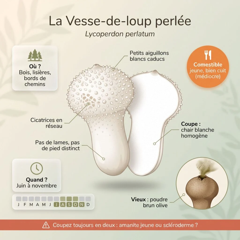 Infographie vesse-de-loup perlée : petite poire blanche couverte d'aiguillons caducs, cicatrices en réseau, coupe à chair blanche homogène, vieux exemplaire libérant une poudre brun olive