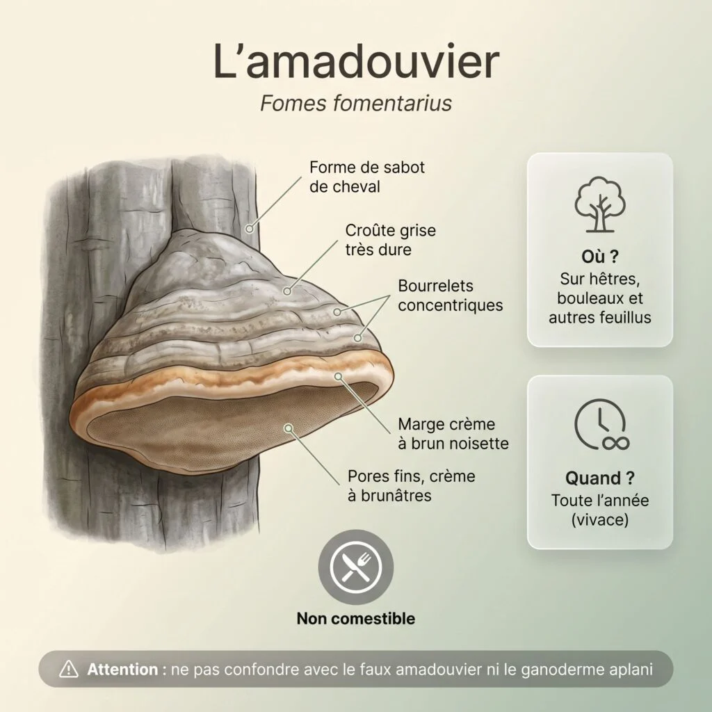 Infographie amadouvier (Fomes fomentarius) : console en sabot de cheval sur tronc, croûte grise très dure à bourrelets concentriques, marge crème à brun noisette, pores fins crème à brunâtres, visible toute l'année