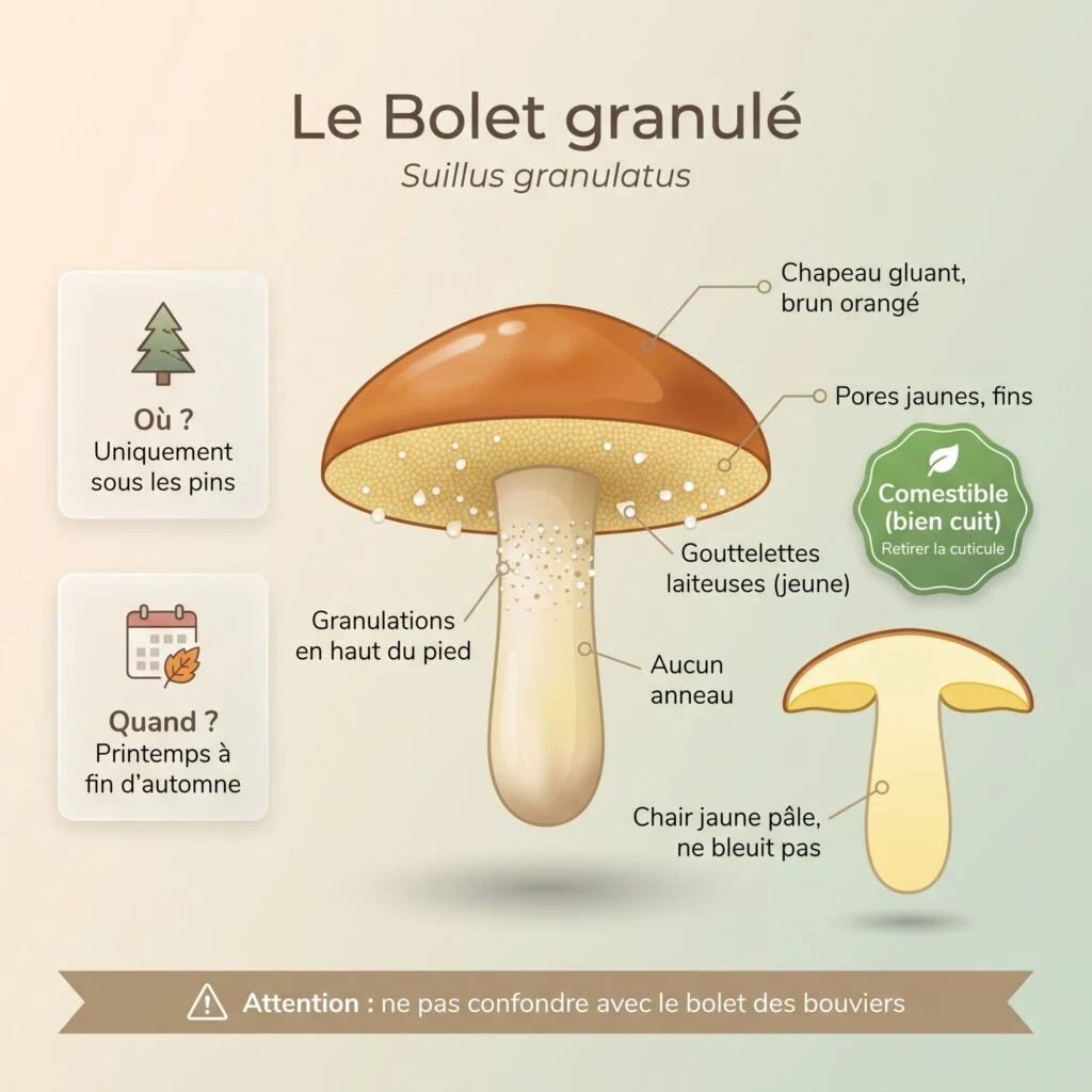 Infographie d'identification du bolet granulé (Suillus granulatus) : chapeau gluant brun orangé, pores jaunes fins perlant de gouttelettes laiteuses, granulations en haut du pied, aucun anneau, chair jaune pâle qui ne bleuit pas, sous les pins