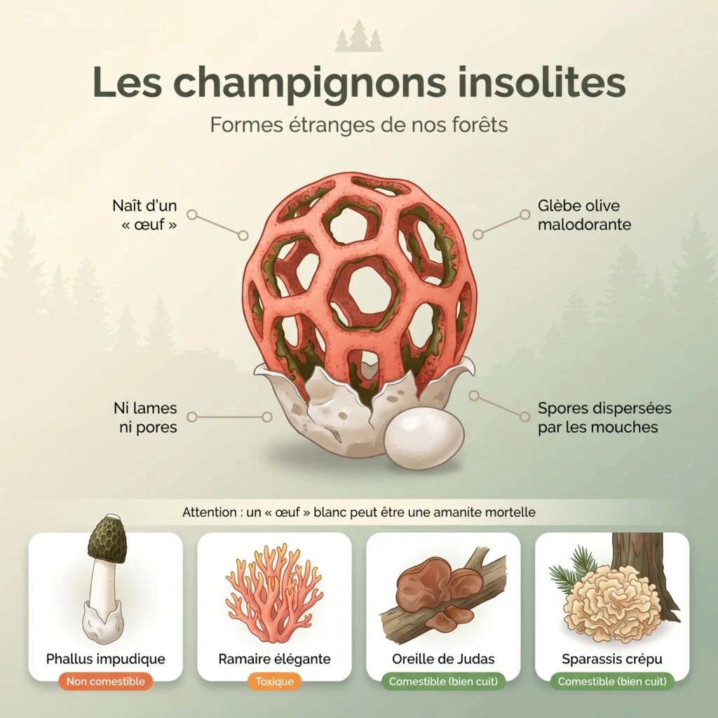 Planche des champignons insolites : clathre rouge sortant de son œuf, phallus impudique, ramaire élégante, oreille de Judas et sparassis crépu