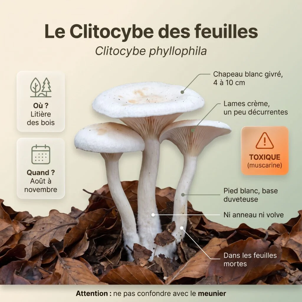 Infographie d'identification du clitocybe des feuilles (Clitocybe phyllophila) : chapeau blanc givré de 4 à 10 cm, lames crème un peu décurrentes, pied blanc à base duveteuse, ni anneau ni volve, dans les feuilles mortes, toxique (muscarine)