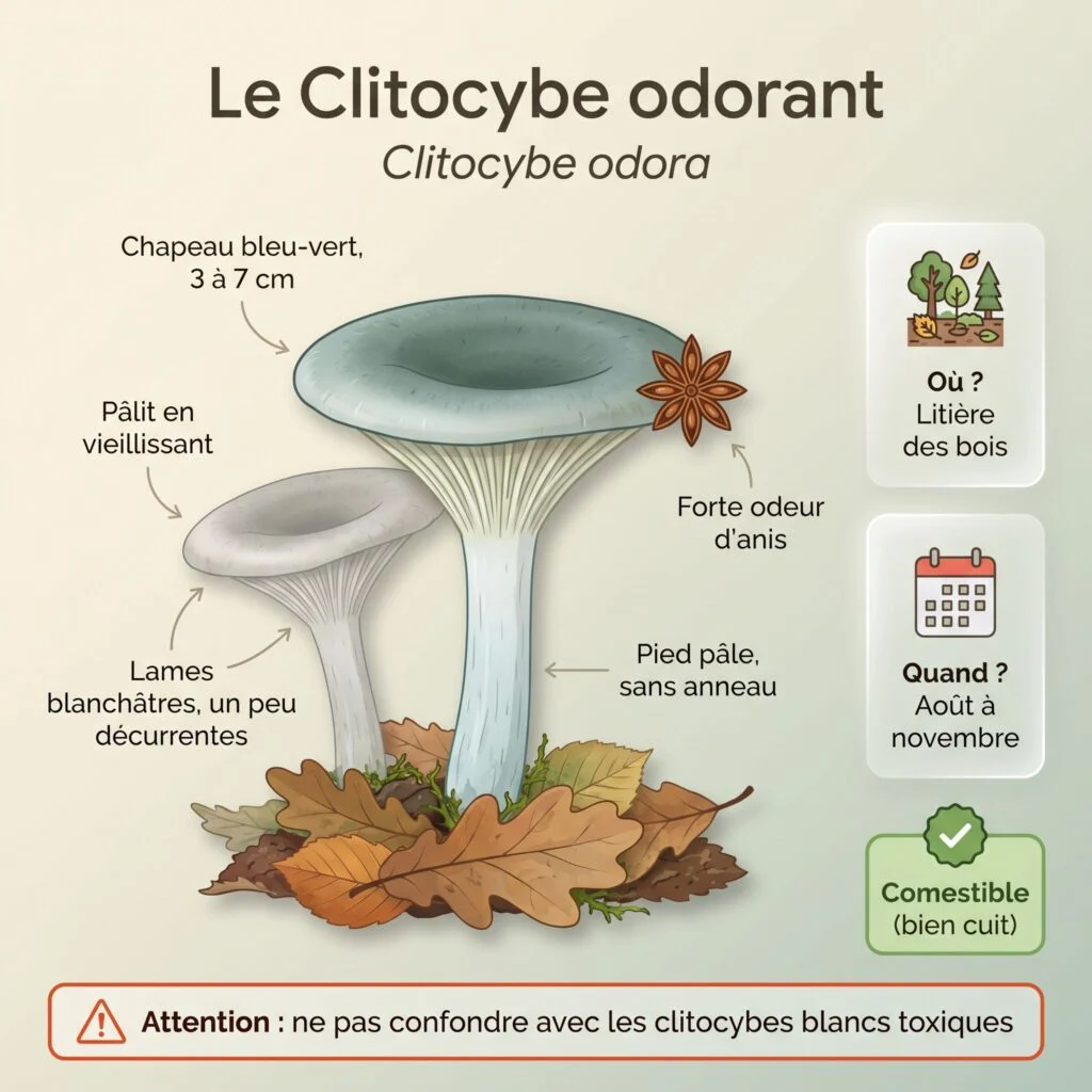 Infographie d'identification du clitocybe odorant (Clitocybe odora) : chapeau bleu-vert de 3 à 7 cm qui pâlit, lames blanchâtres un peu décurrentes, pied pâle sans anneau, forte odeur d'anis, août à novembre