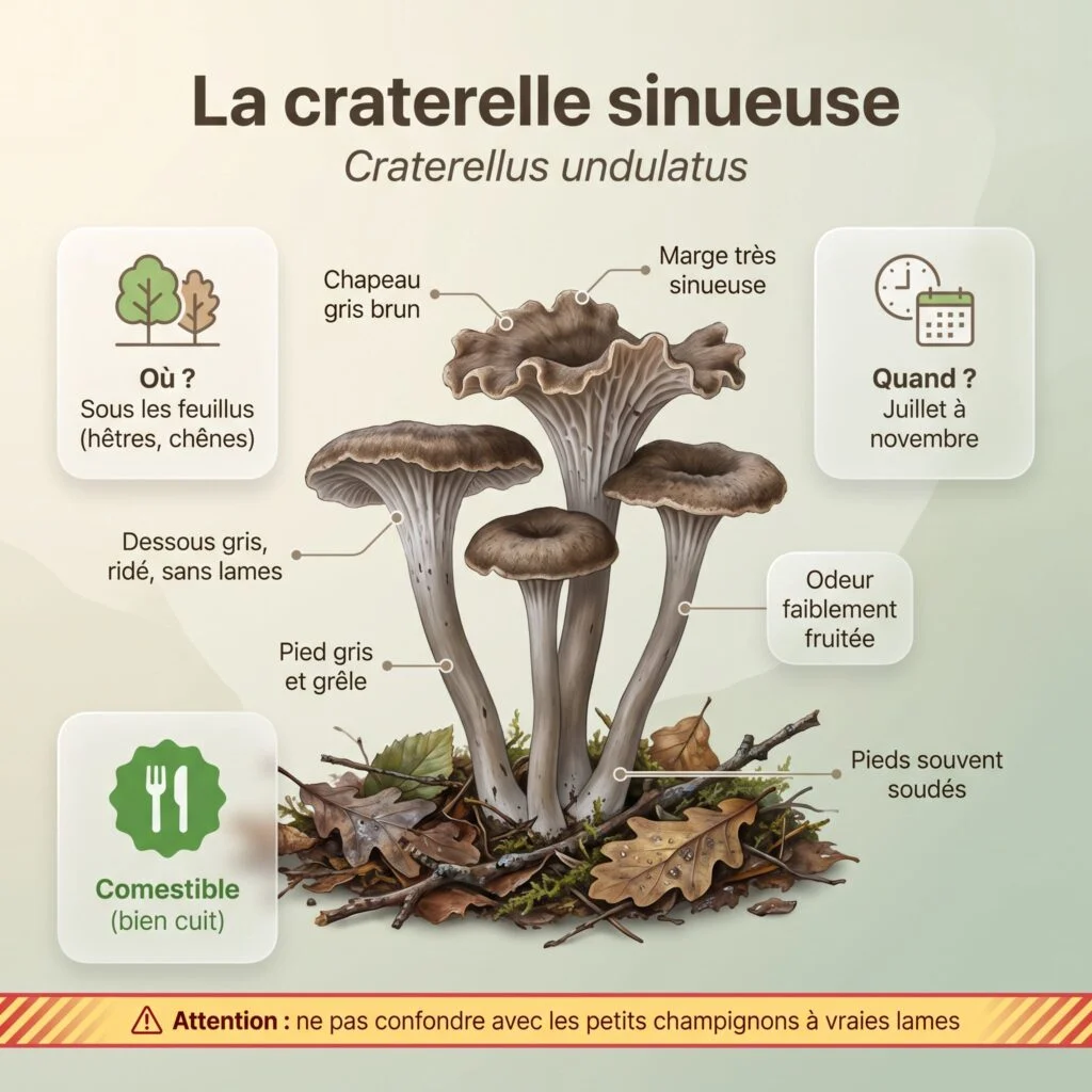 Infographie d'identification de la craterelle sinueuse : petits chapeaux gris brun en entonnoir à marge très sinueuse, dessous gris ridé sans lames, pieds gris grêles soudés à la base, sous feuillus