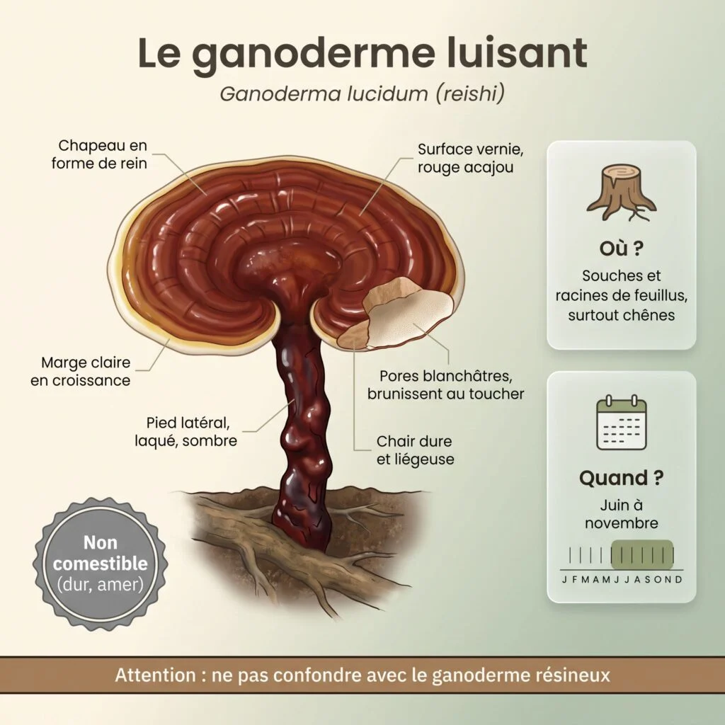 Infographie ganoderme luisant (Ganoderma lucidum, reishi) : chapeau en forme de rein verni rouge acajou à marge claire, pied latéral laqué sombre, pores blanchâtres brunissant au toucher, de juin à novembre