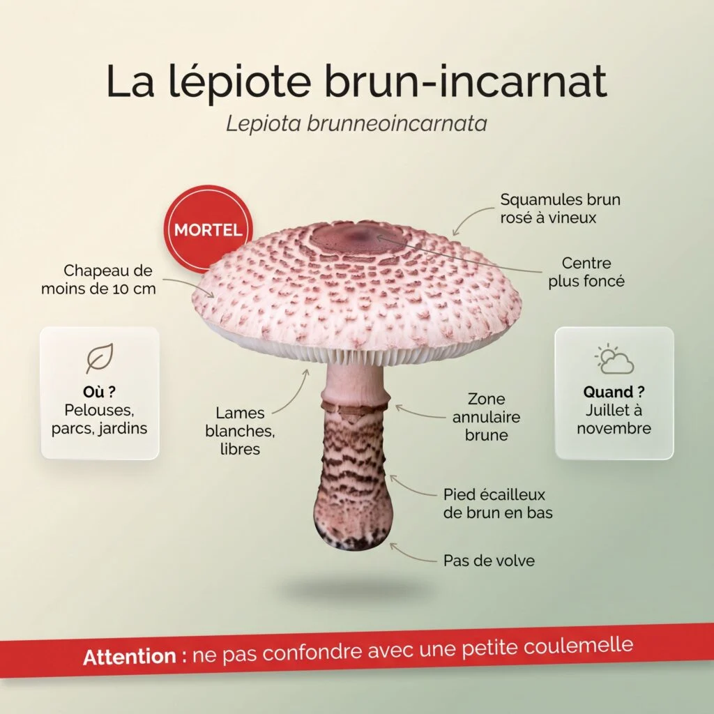 Infographie d'identification de la lépiote brun-incarnat (Lepiota brunneoincarnata) : chapeau de moins de 10 cm à squamules brun rosé à vineux, centre foncé, lames blanches libres, zone annulaire brune, pied écailleux de brun en bas, sans volve, mortelle